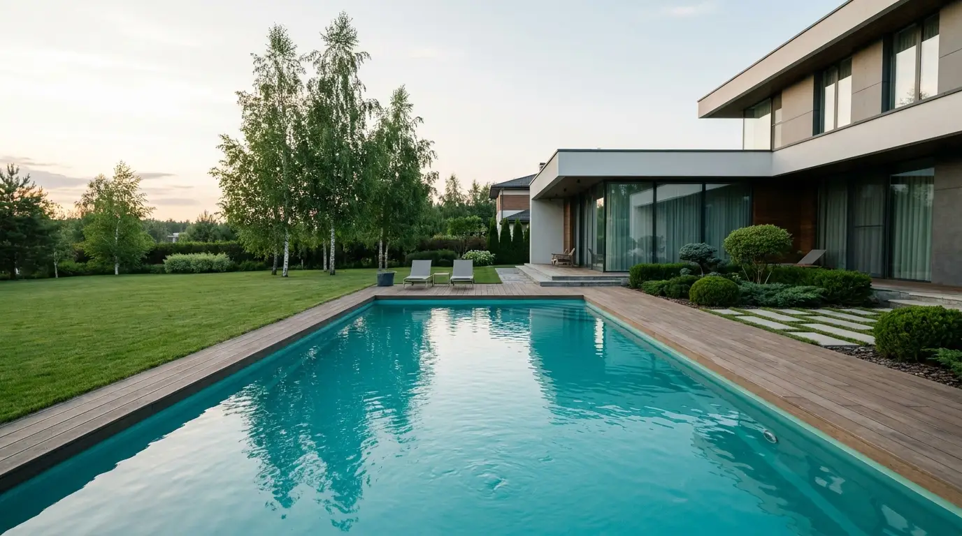 hero_pool_terrace — премиальный композитный бассейн на загородной террасе, чистая бирюзовая вода, ухоженный ландшафт